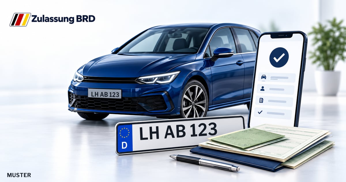 Online Fahrzeugzulassung in Nottuln: Musterkennzeichen LH AB 123, Auto und Fahrzeugpapiere und Smartphone. Illustration mit Logo von Zulassung BRD.